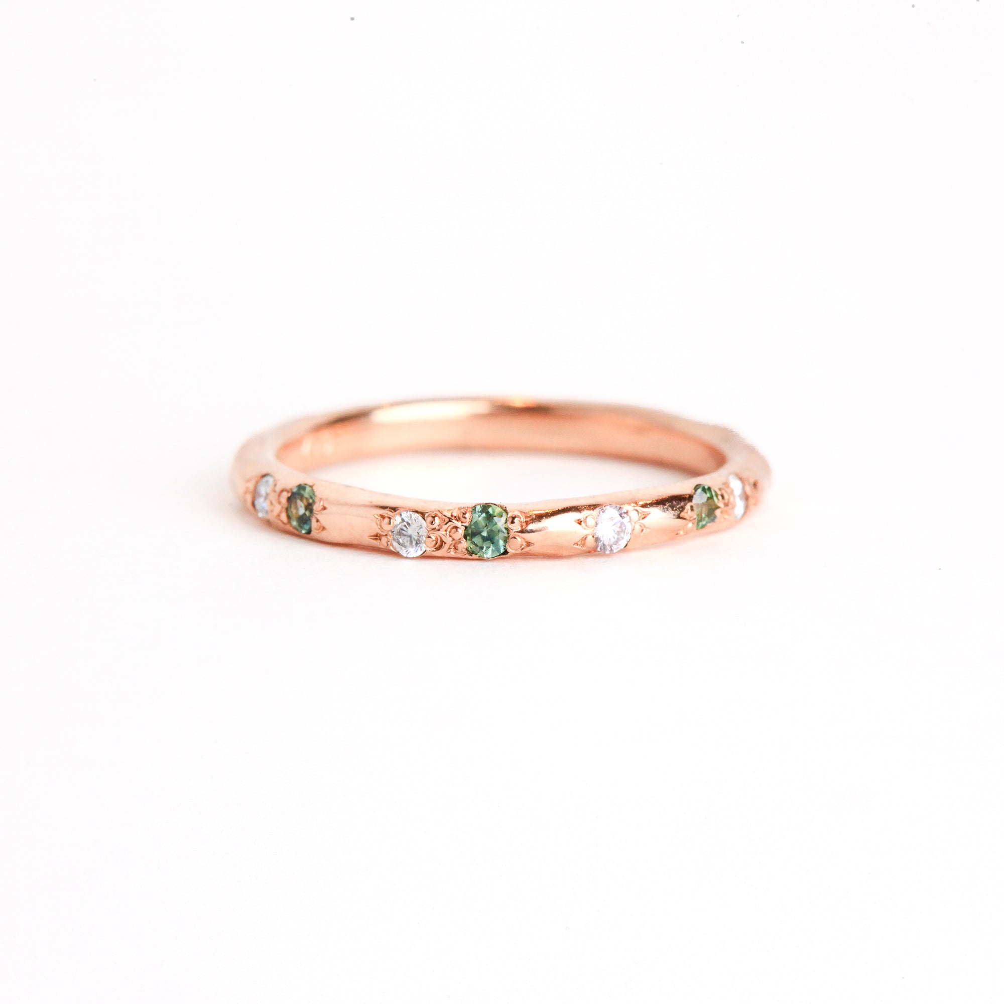 Diamond and sapphire wedding band in 18ct rose gold, bespoke custom handmade.