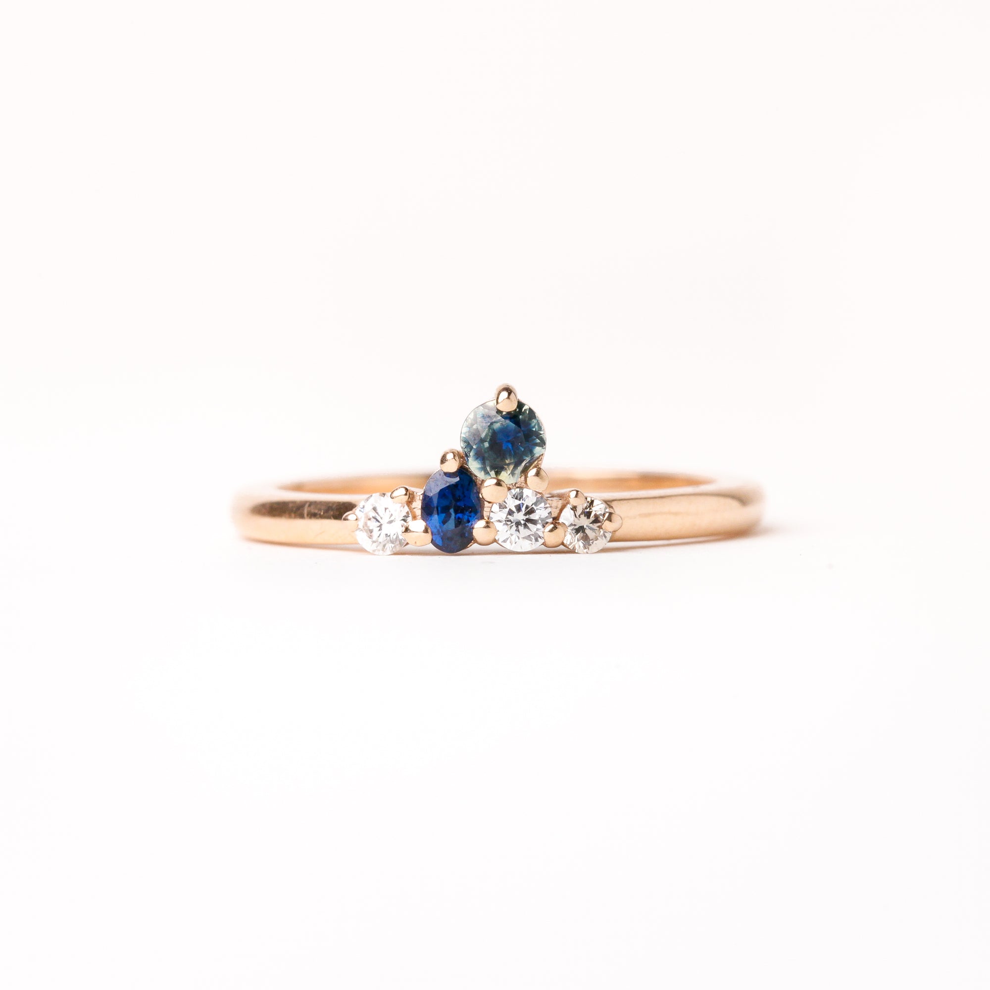 Ethically sourced blue Australian Sapphires and White and Champagne Diamond Ring with Recycled Refined 18ct Rose Gold. Bespoke and Handmade by Black Finch Jewellery in Melbourne