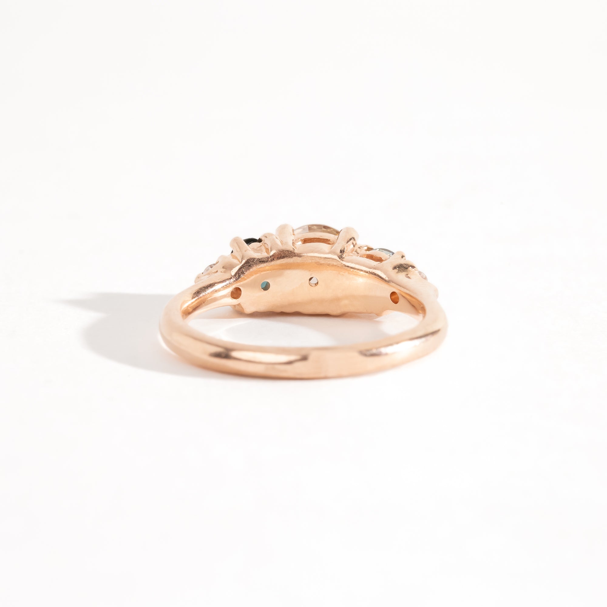 Handmade, bespoke Diamond and ethically sourced Australian sapphire five stone cluster ring in 14ct recycled refined rose gold