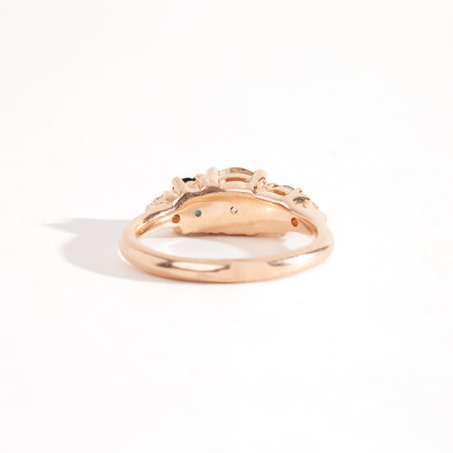 Handmade, bespoke Diamond and ethically sourced Australian sapphire five stone cluster ring in 14ct recycled refined rose gold