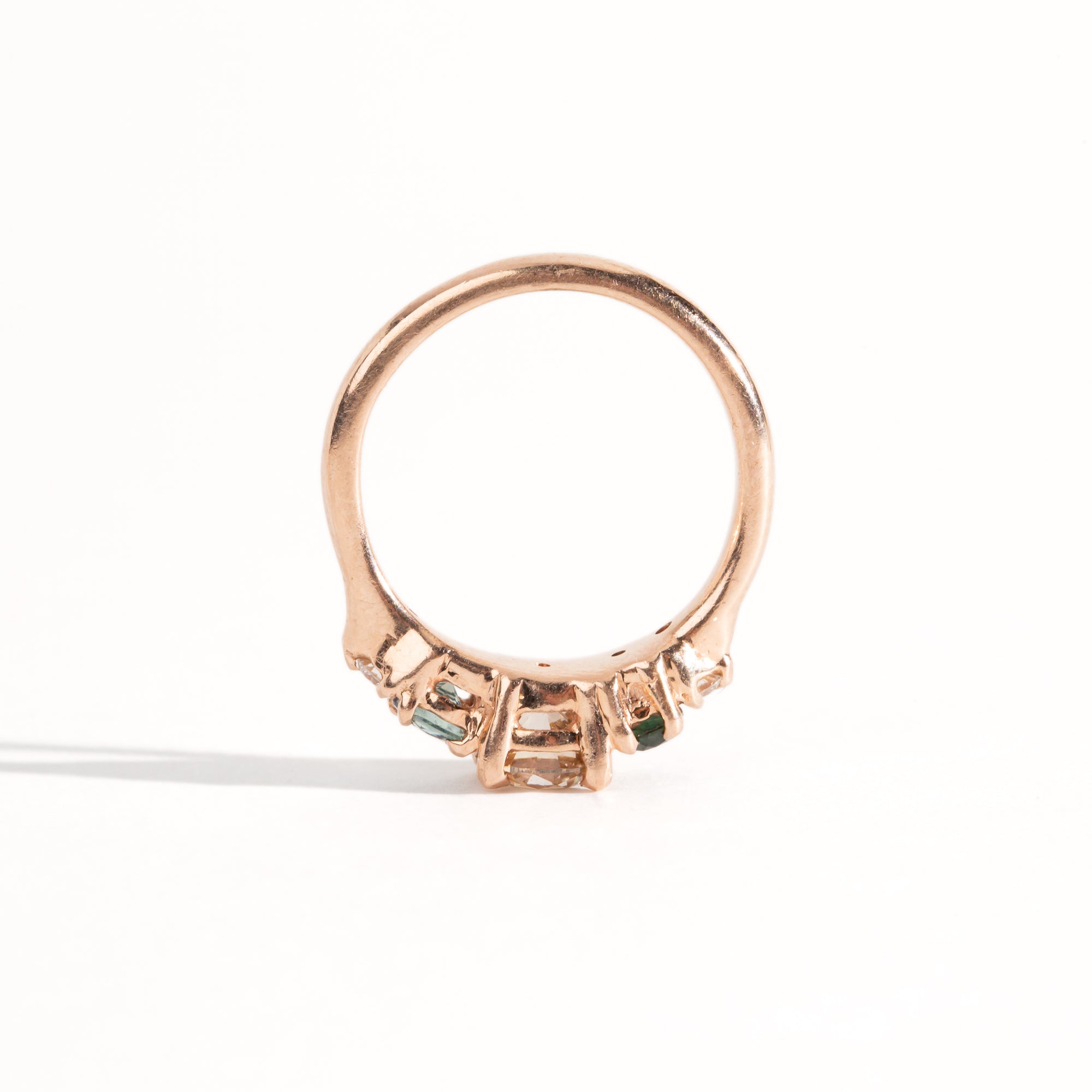 Handmade, bespoke Diamond and ethically sourced Australian sapphire five stone cluster ring in 14ct recycled refined rose gold