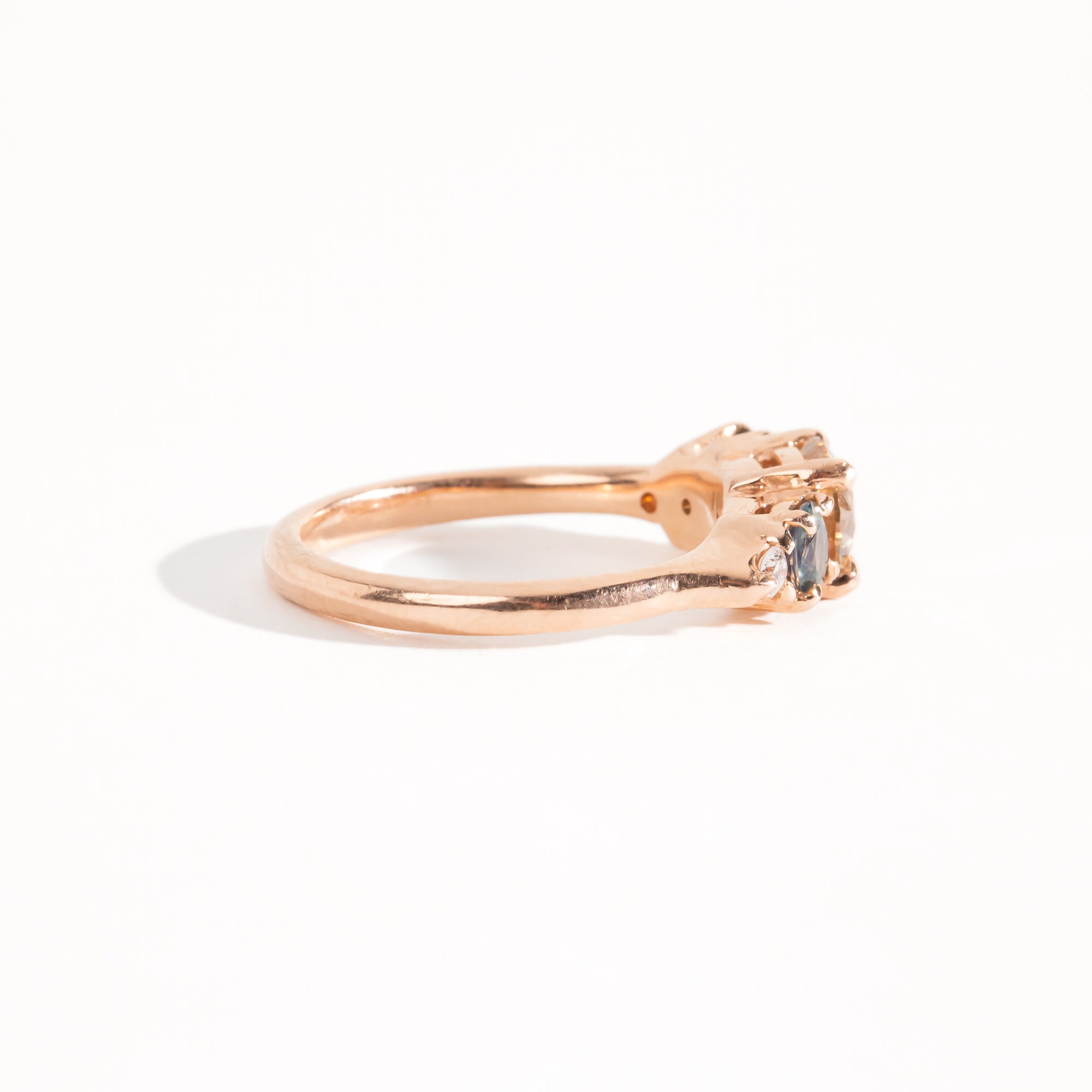 Handmade, bespoke Diamond and ethically sourced Australian sapphire five stone cluster ring in 14ct recycled refined rose gold