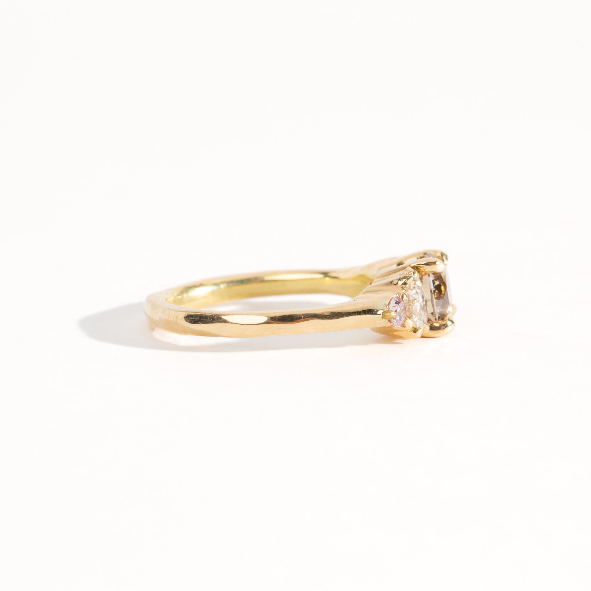 Handmade bespoke mixed size cognac, champagne, white and pink diamonds. Yellow recycled, refined gold Made in Melbourne by Black Finch Jewellery