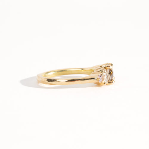 Handmade bespoke mixed size cognac, champagne, white and pink diamonds. Yellow recycled, refined gold Made in Melbourne by Black Finch Jewellery