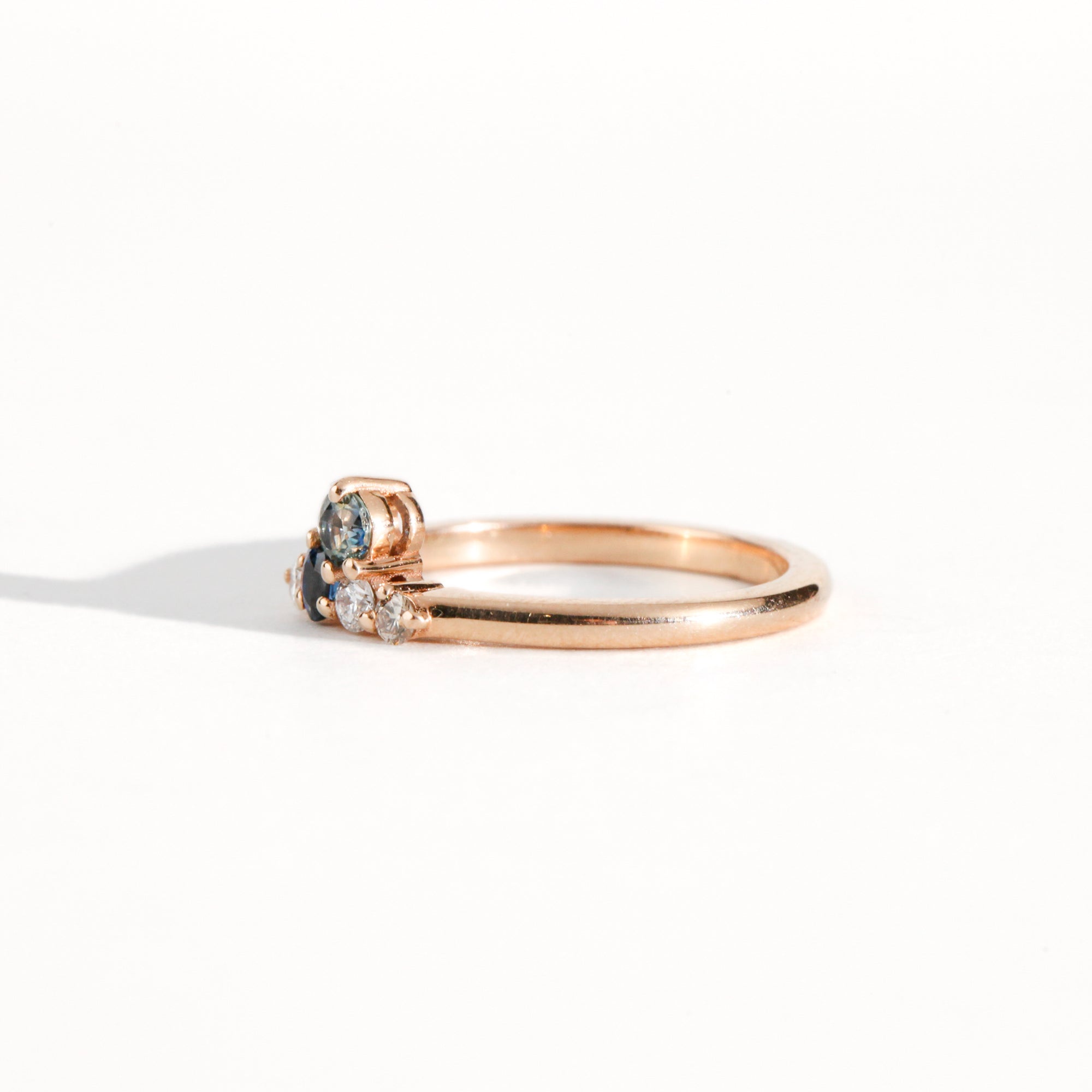 Ethically sourced blue Australian Sapphires and White and Champagne Diamond Ring with Recycled Refined 18ct Rose Gold. Bespoke and Handmade by Black Finch Jewellery in Melbourne