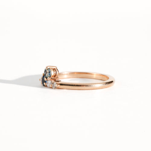 Ethically sourced blue Australian Sapphires and White and Champagne Diamond Ring with Recycled Refined 18ct Rose Gold. Bespoke and Handmade by Black Finch Jewellery in Melbourne