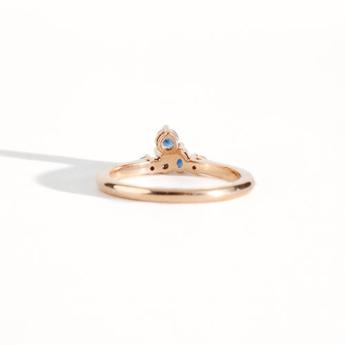 Ethically sourced blue Australian Sapphires and White and Champagne Diamond Ring with Recycled Refined 18ct Rose Gold. Bespoke and Handmade by Black Finch Jewellery in Melbourne