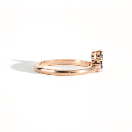 Ethically sourced blue Australian Sapphires and White and Champagne Diamond Ring with Recycled Refined 18ct Rose Gold. Bespoke and Handmade by Black Finch Jewellery in Melbourne