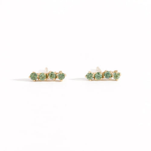 organic sea foam ethically sourced green sapphire studs in 9ct yellow gold, bespoke custom handmade jewellery made in Melbourne