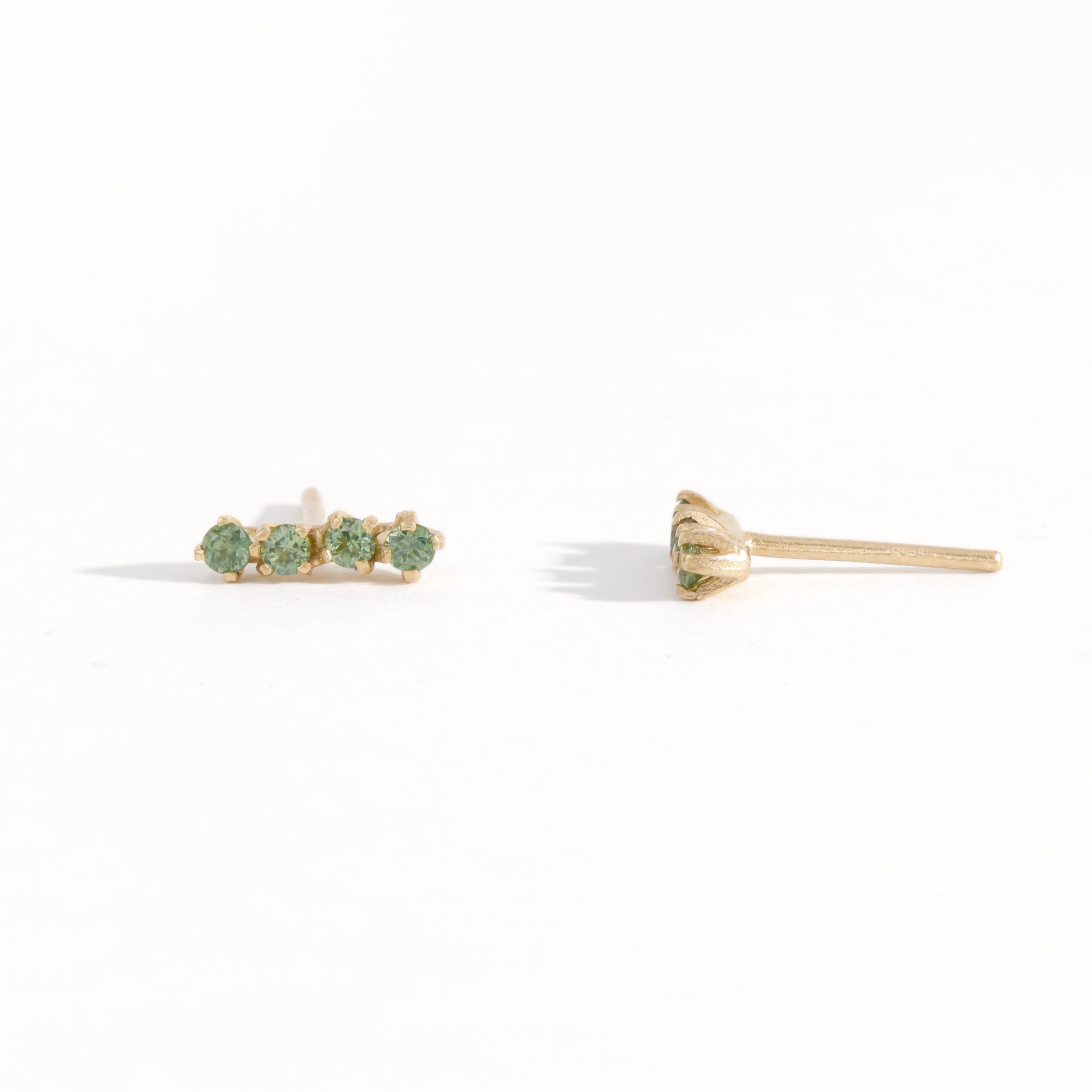 organic sea foam ethically sourced green sapphire studs in 9ct yellow gold, bespoke custom handmade jewellery made in Melbourne