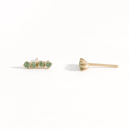 organic sea foam ethically sourced green sapphire studs in 9ct yellow gold, bespoke custom handmade jewellery made in Melbourne