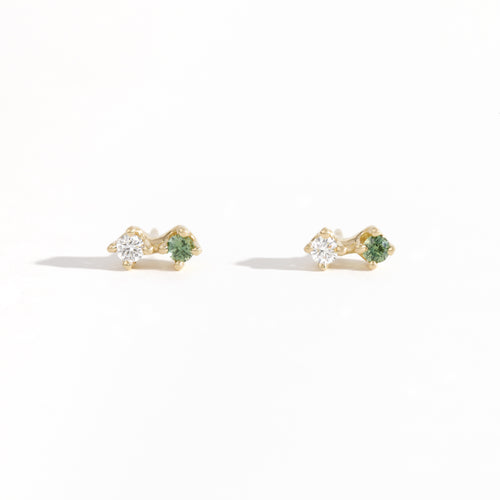 Pair of yellow gold studs featuring white diamond and sea foam green sapphires. Bespoke, handmade jewellery.