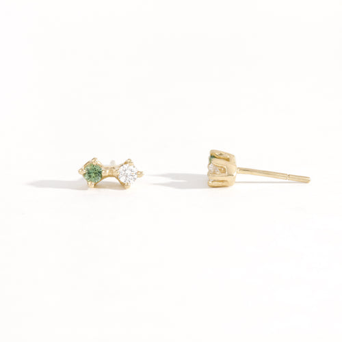 Pair of yellow gold studs featuring white diamond and sea foam green sapphires. Bespoke, handmade jewellery.