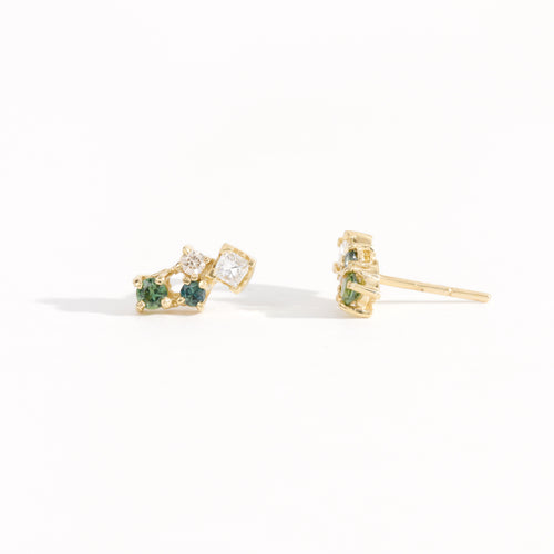 A pair of cluster earring studs with ethically sourced Australian sapphires and diamonds with mixed shapes. Hand crafted in 9ct yellow gold by Black Finch Jewellery