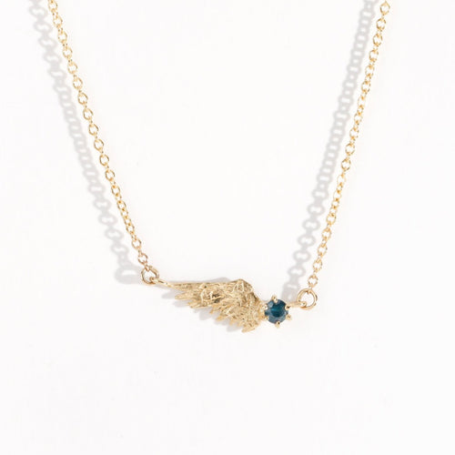 Handmade in Melbourne 9ct Yellow Gold Wing Necklace with an Ethically Sourced Australian Blue Sapphire and a 9ct Yellow Gold Chain.