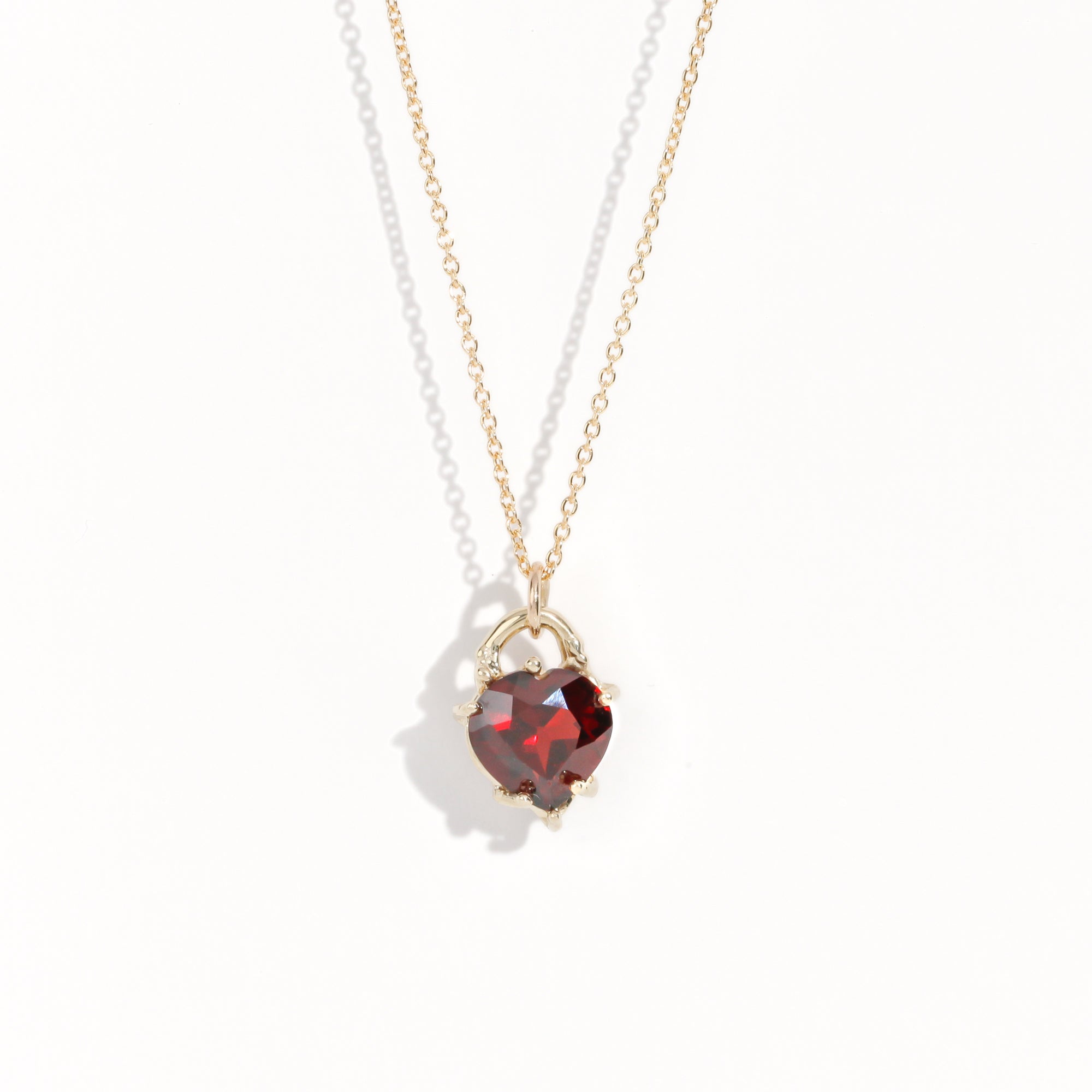 Made in Melbourne, bespoke 9ct yellow gold garnet heart pendant necklace on 9ct gold chain.