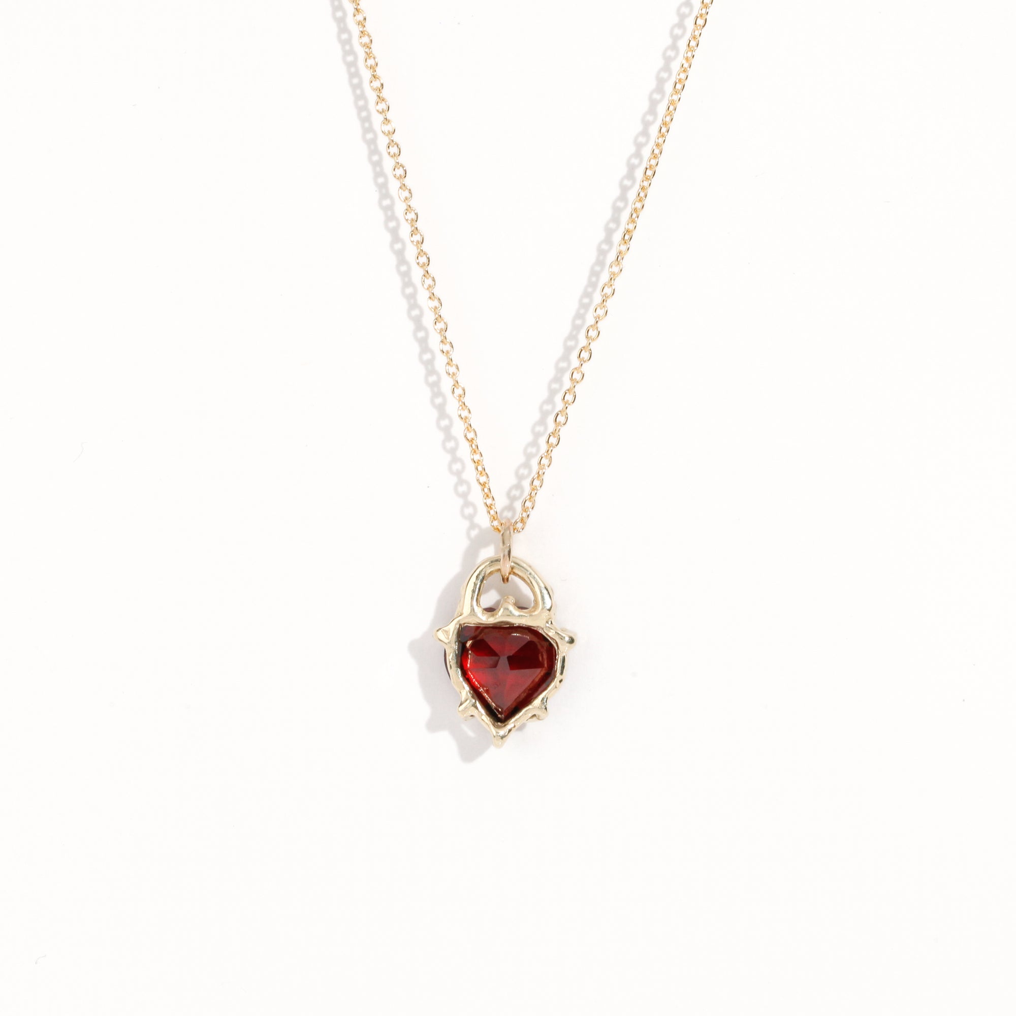 Made in Melbourne, bespoke 9ct yellow gold garnet heart pendant necklace on 9ct gold chain.