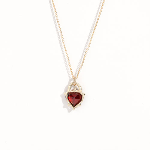 Made in Melbourne, bespoke 9ct yellow gold garnet heart pendant necklace on 9ct gold chain.
