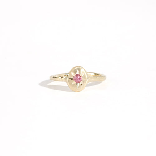 9ct yellow gold signet ring with star set pink sapphire in centre. Bespoke and handmade in Melbourne by Black Finch Jewellery