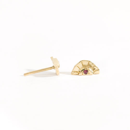 Rising sun earrings with centre red sapphire crafted in 9ct yellow gold by Black Finch Jewellery