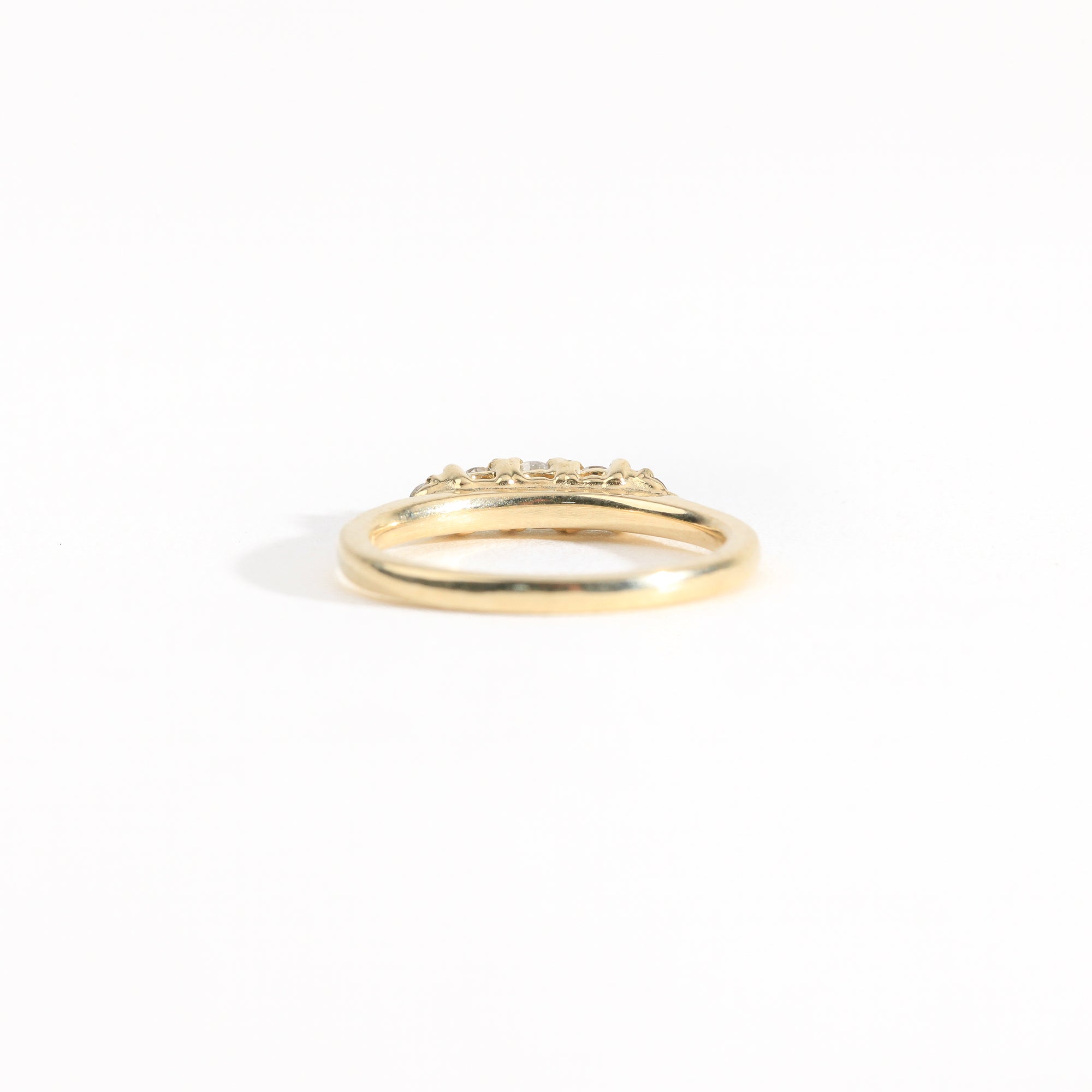 Hand crafted yellow gold five stone champagne diamond ring. 