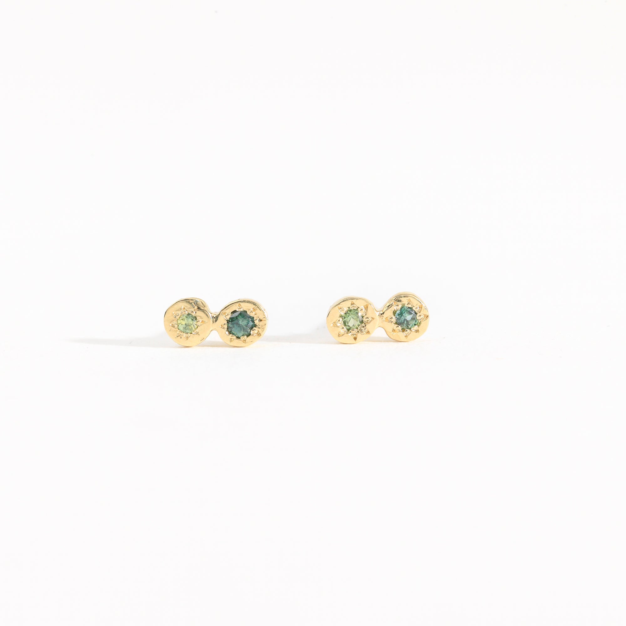 Petite two stone earrings with ethically sourced Australian sapphires crafted in yellow gold by Black Finch