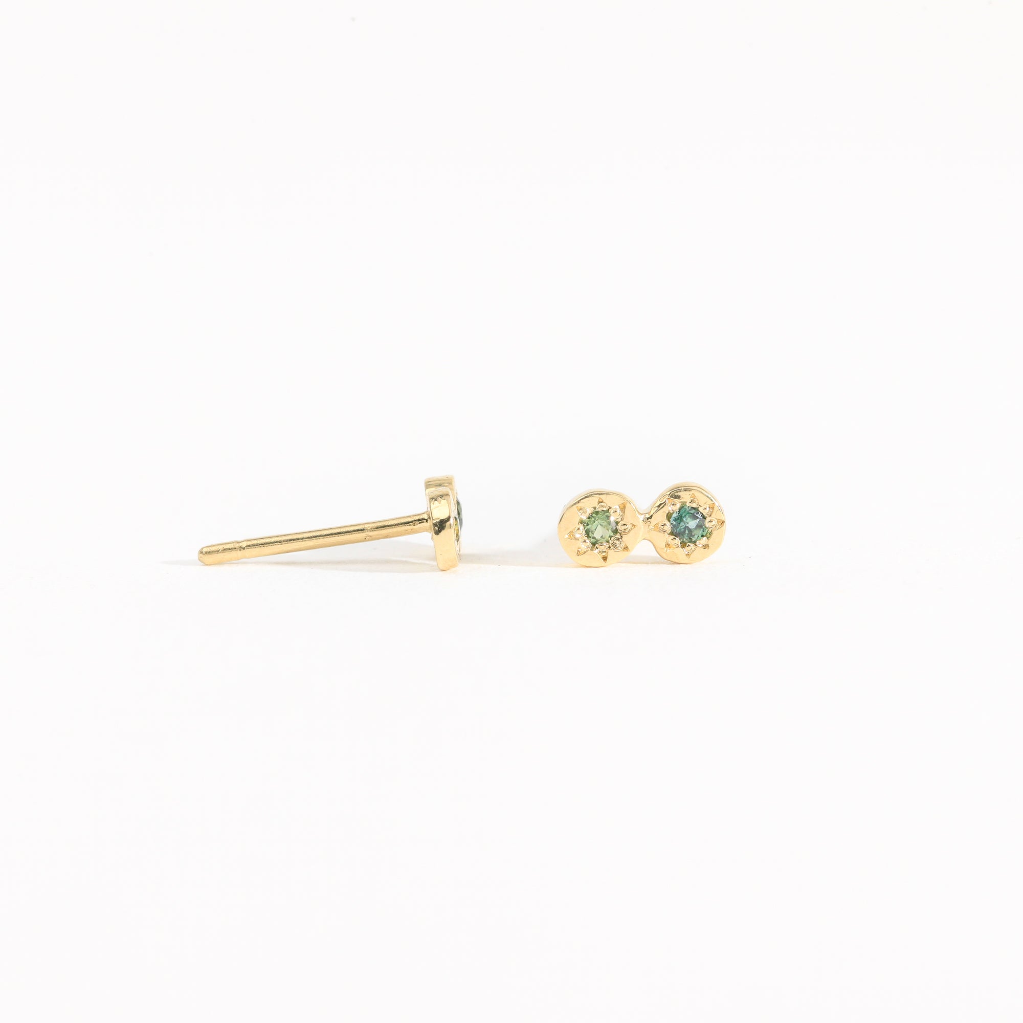 Petite two stone earrings with ethically sourced Australian sapphires crafted in yellow gold by Black Finch