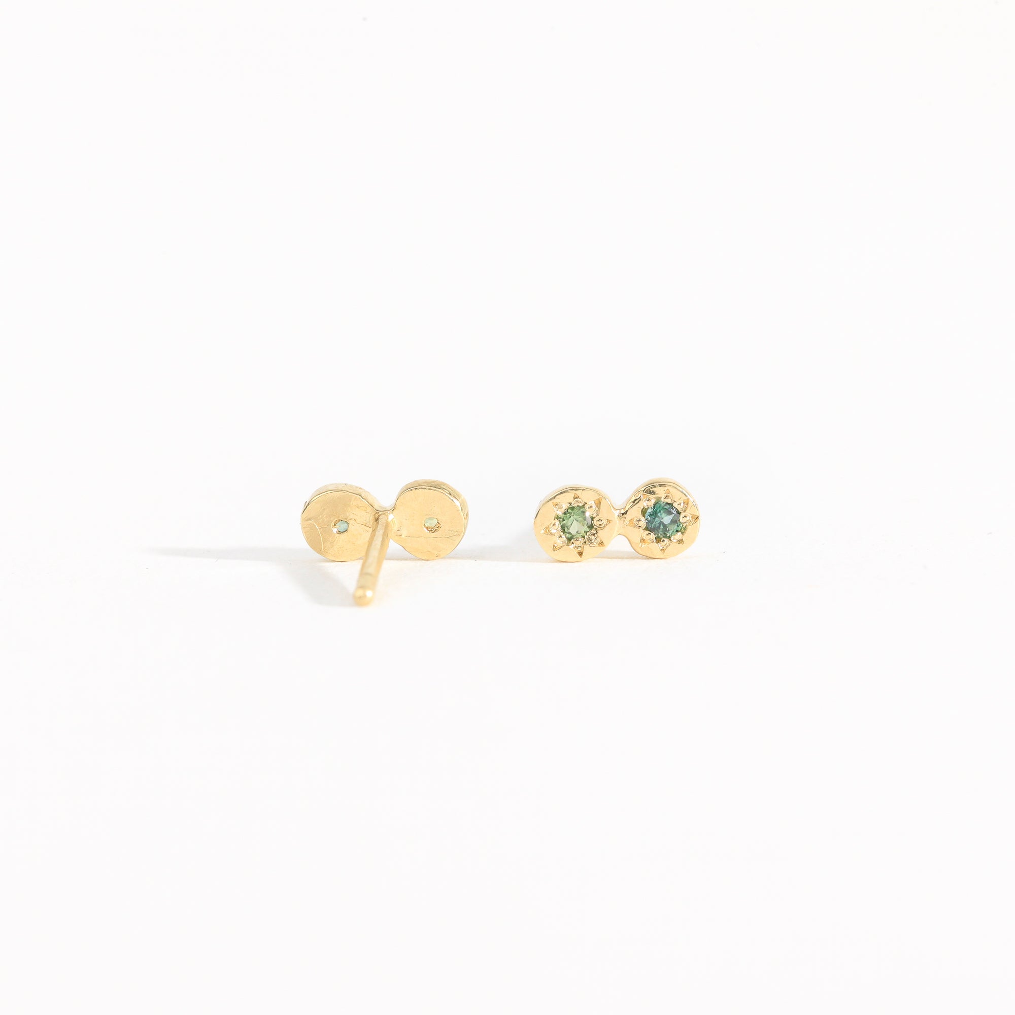 Petite two stone earrings with ethically sourced Australian sapphires crafted in yellow gold by Black Finch