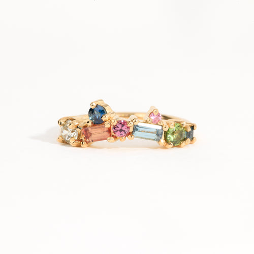 Colourful, ethically sourced Australian sapphires and diamond wedding band in 18ct yellow gold. Handcrafted in Melbourne.Colourful ethically sourced Australian sapphires and diamond wedding band in 18ct yellow gold. Handcrafted in Melbourne.
