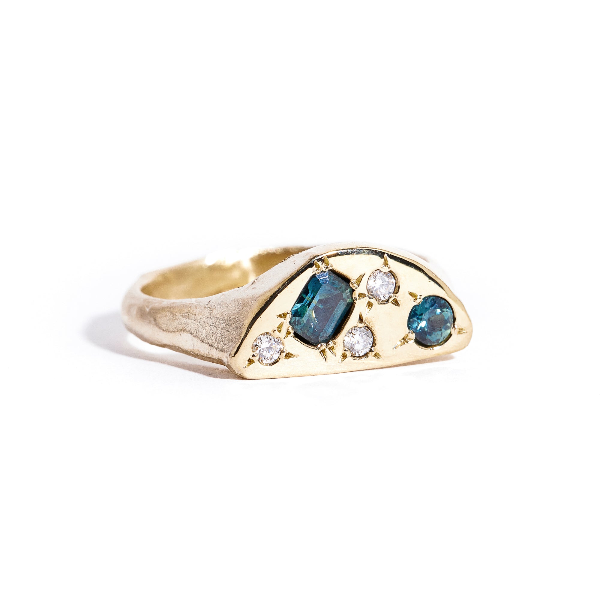 Crescent Signet set with Blue Sapphires and Diamonds