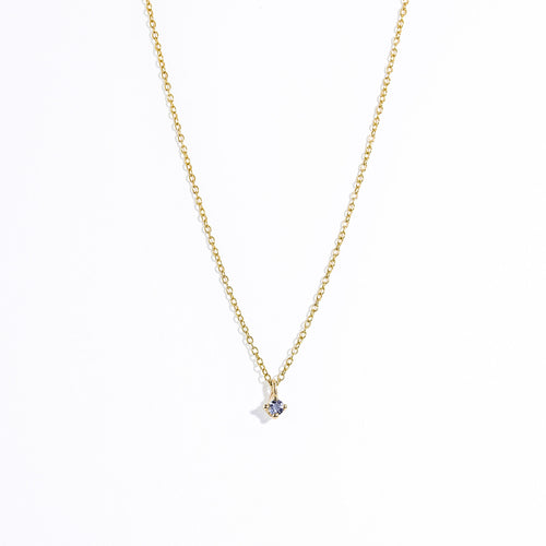 Single stone lilac Ceylon sapphire in claw setting 9ct yellow on chain. Hand made by Black Finch in Melbourne