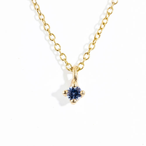 Single stone lilac Ceylon sapphire in claw setting 9ct yellow on chain. Hand made by Black Finch in Melbourne