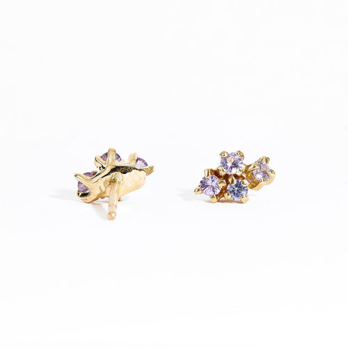  Pair of gold studs featuring four lilac sapphires. Bespoke and handmade in Melbourne by Black Finch Jewellery.