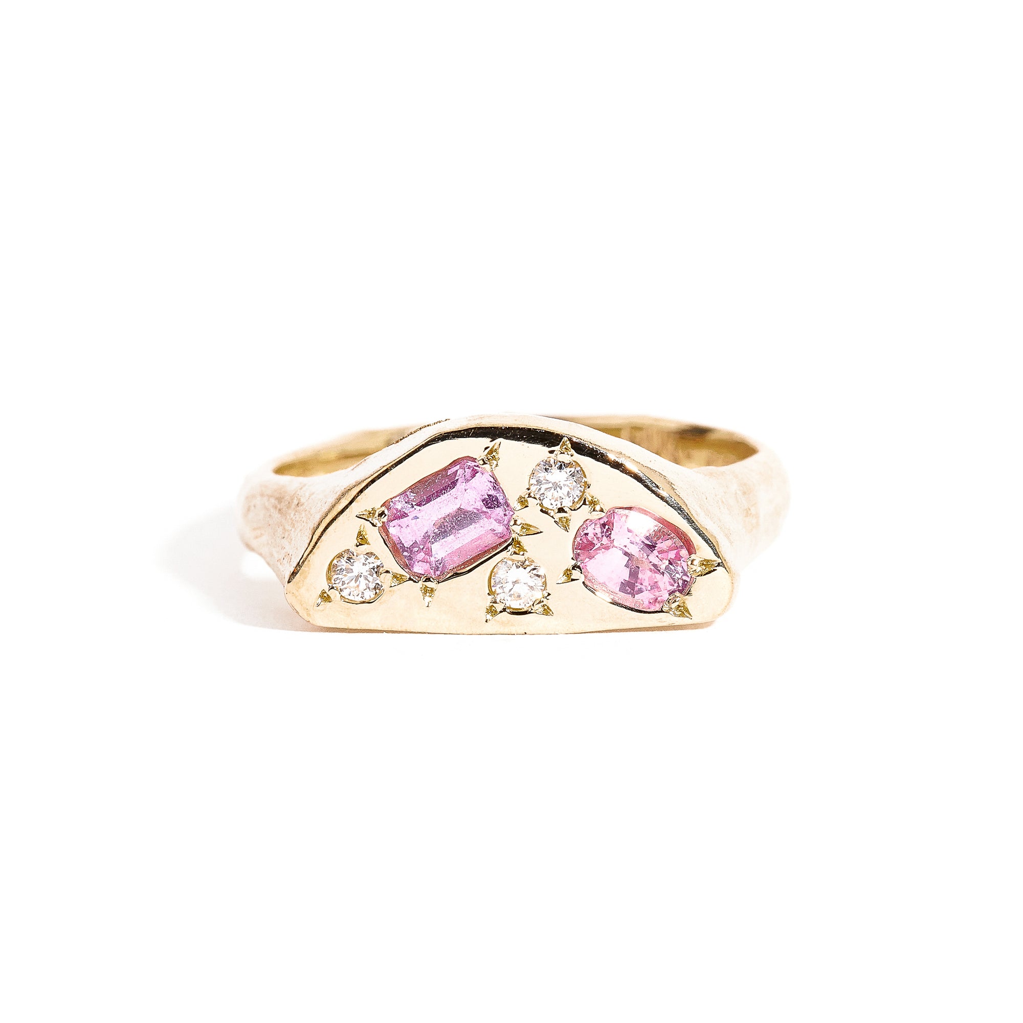 Pink Ceylon Sapphire and Diamond Signet Handmade Ring in 9ct Yellow Gold