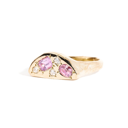 Pink Ceylon Sapphire and Diamond Signet Handmade Ring in 9ct Yellow Gold