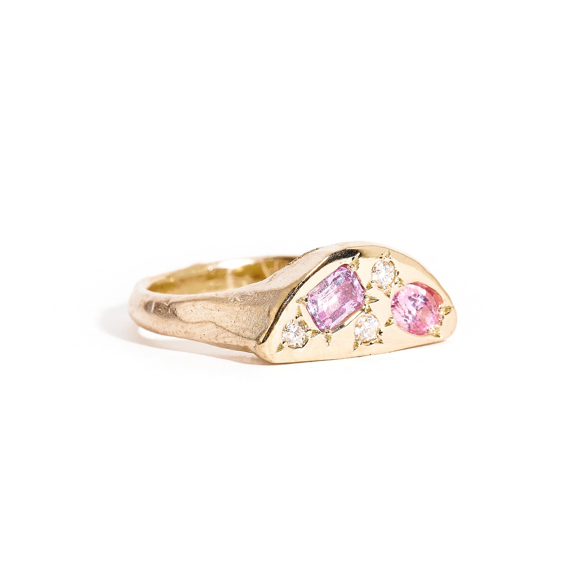 Pink Ceylon Sapphire and Diamond Signet Handmade Ring in 9ct Yellow Gold