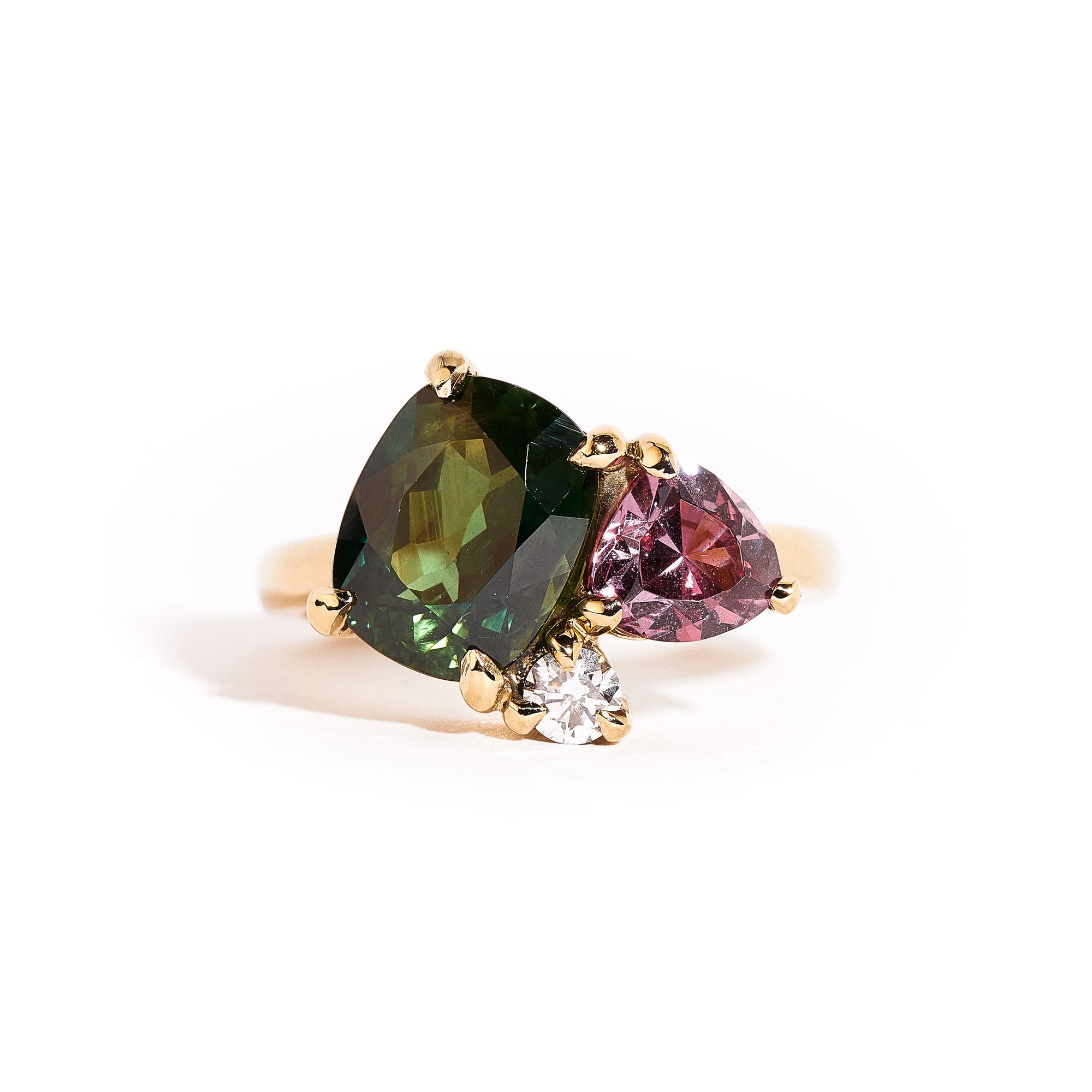 Cushion Cut and Trilliant Cut Sapphire Ring with Round Brilliant Cut White Diamond in 18ct Yellow Gold 