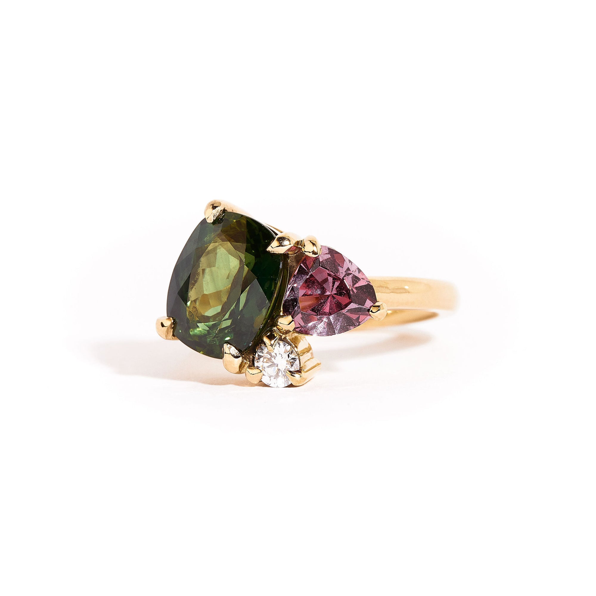 Cushion Cut and Trilliant Cut Sapphire Ring with Round Brilliant Cut White Diamond in 18ct Yellow Gold 