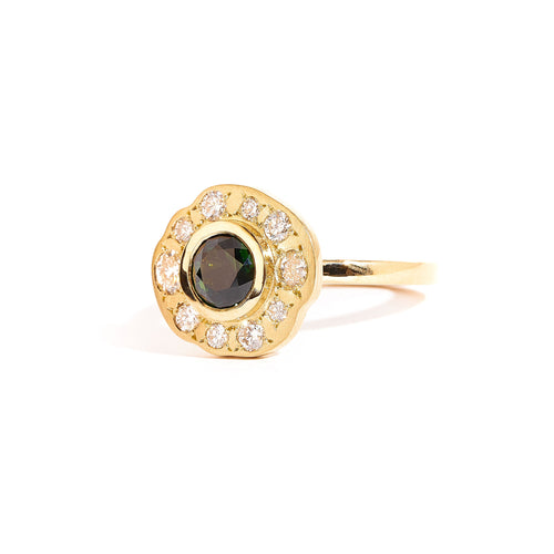 Sapphire and Diamond Halo Ring in 18ct Yellow Gold