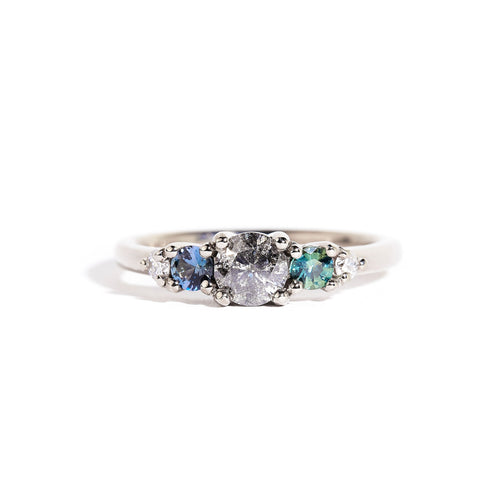  Salt and Pepper Diamond and Ethically Sourced Sapphires Ring in 18ct White Gold