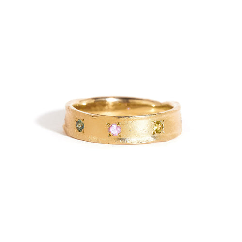 9ct Yellow Gold Ring with Mixed Ceylon Sapphires and White Diamonds