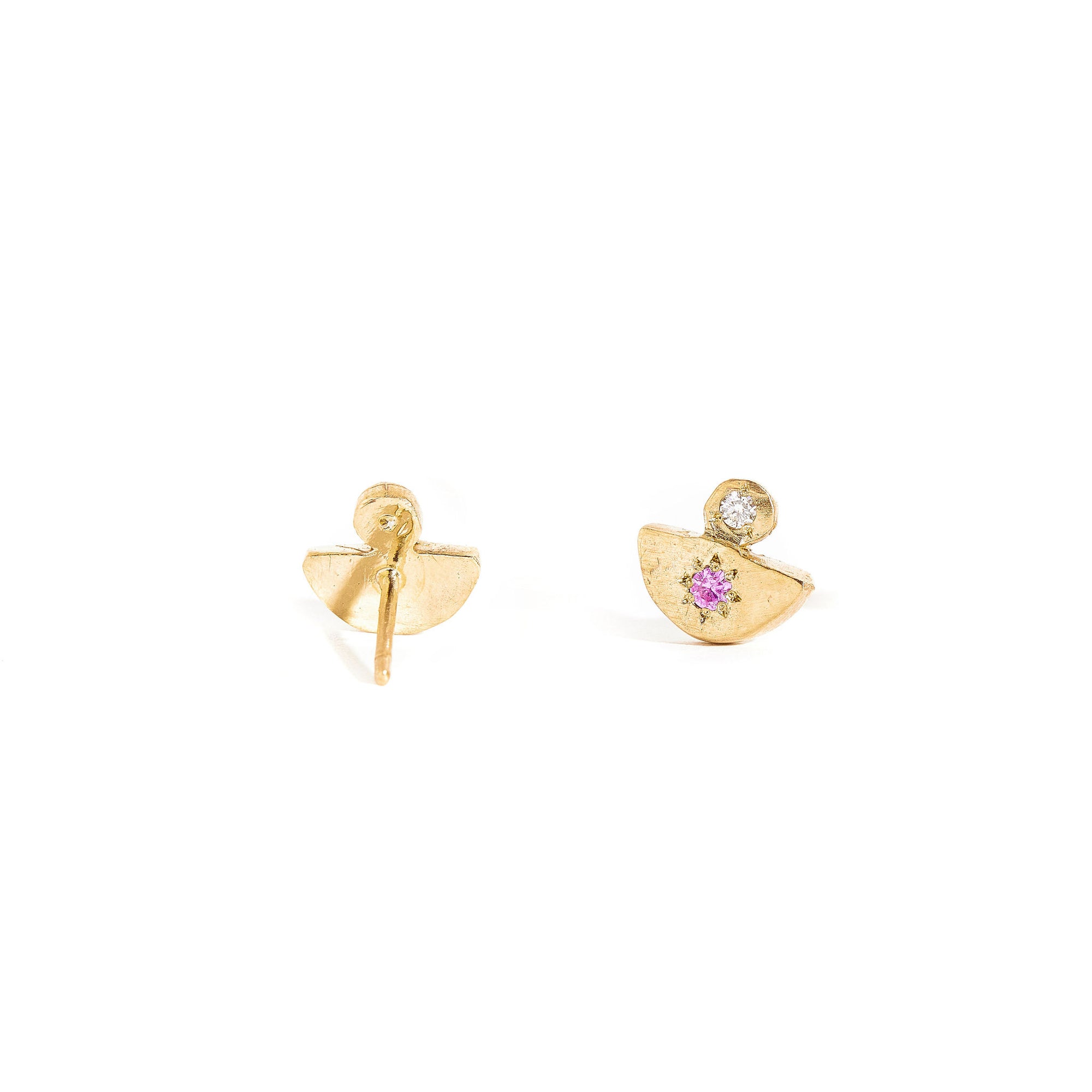 9 carat yellow gold earrings, each featuring a pink sapphire and white diamond.