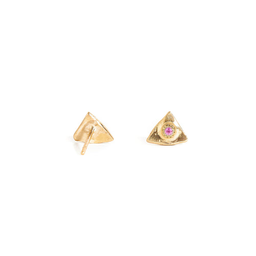 9 carat yellow gold studs set with a pink sapphire. 