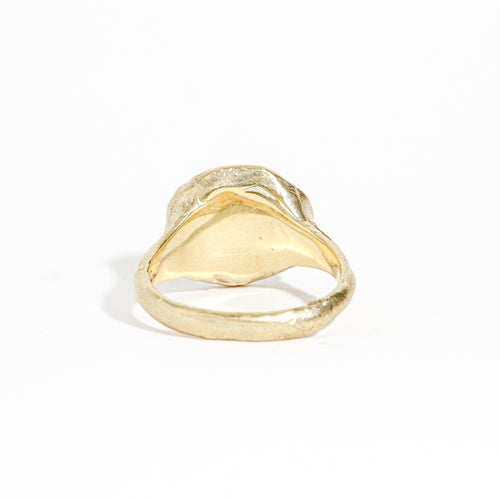 9 carat yellow gold round signet ring with a polished surface and soft matte band.
