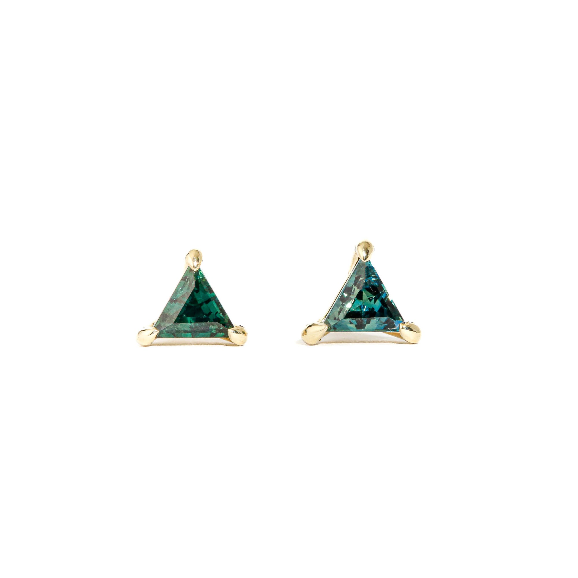 9 carat yellow gold earrings, each featuring one trilliant cut, ethically sourced Australian teal sapphire. 