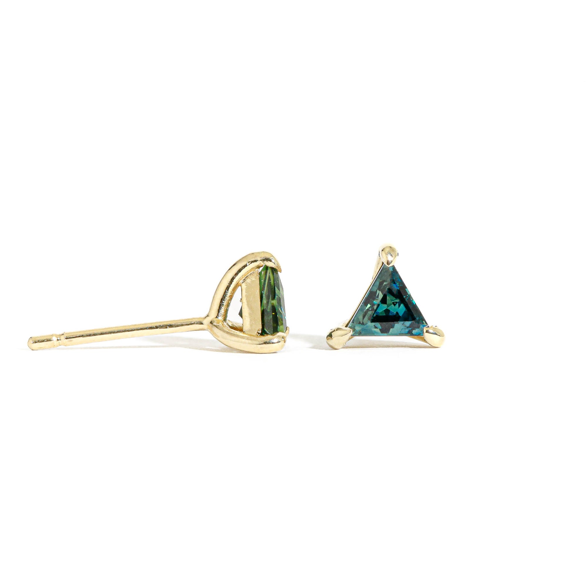 9 carat yellow gold earrings, each featuring one trilliant cut, ethically sourced Australian teal sapphire. 