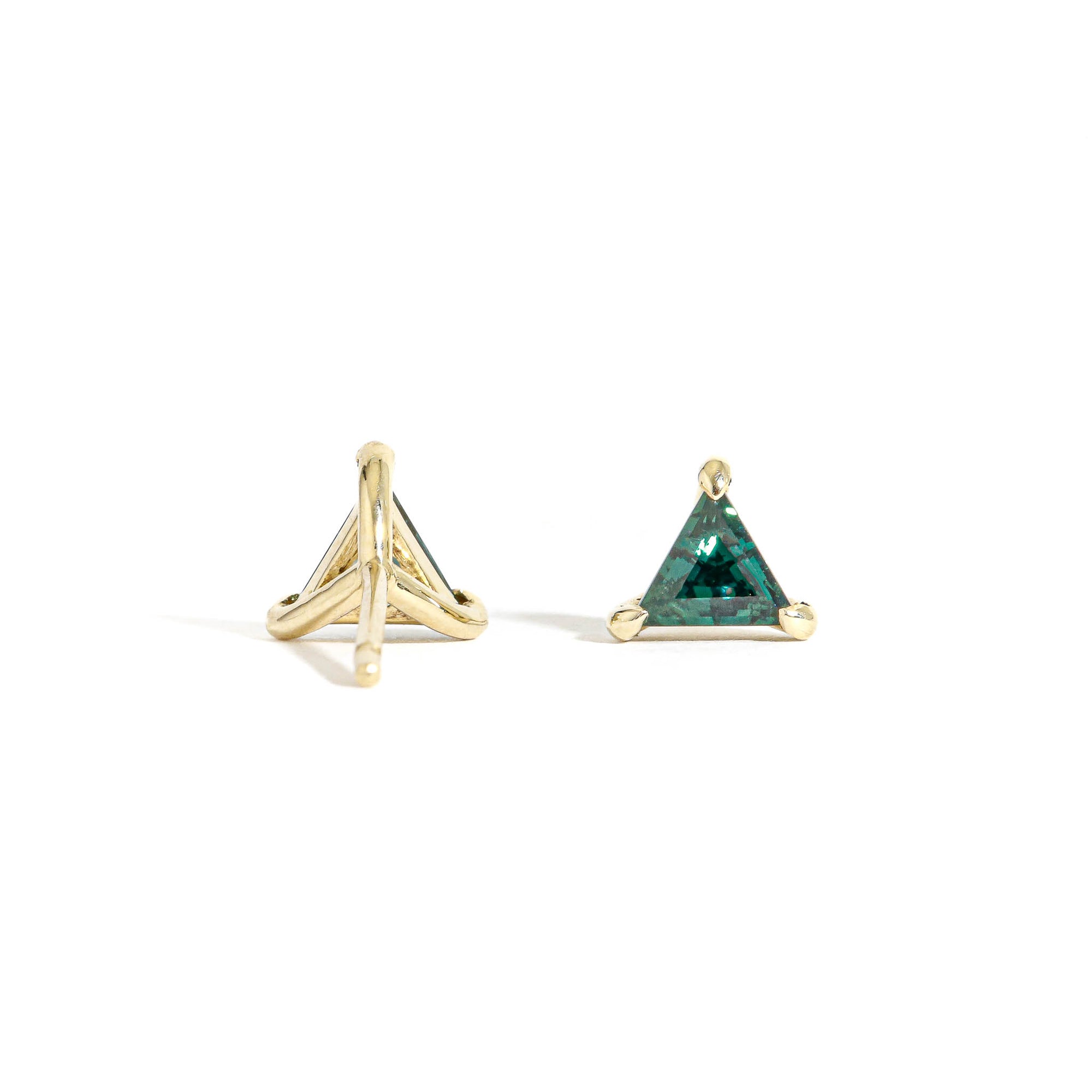 9 carat yellow gold earrings, each featuring one trilliant cut, ethically sourced Australian teal sapphire. 