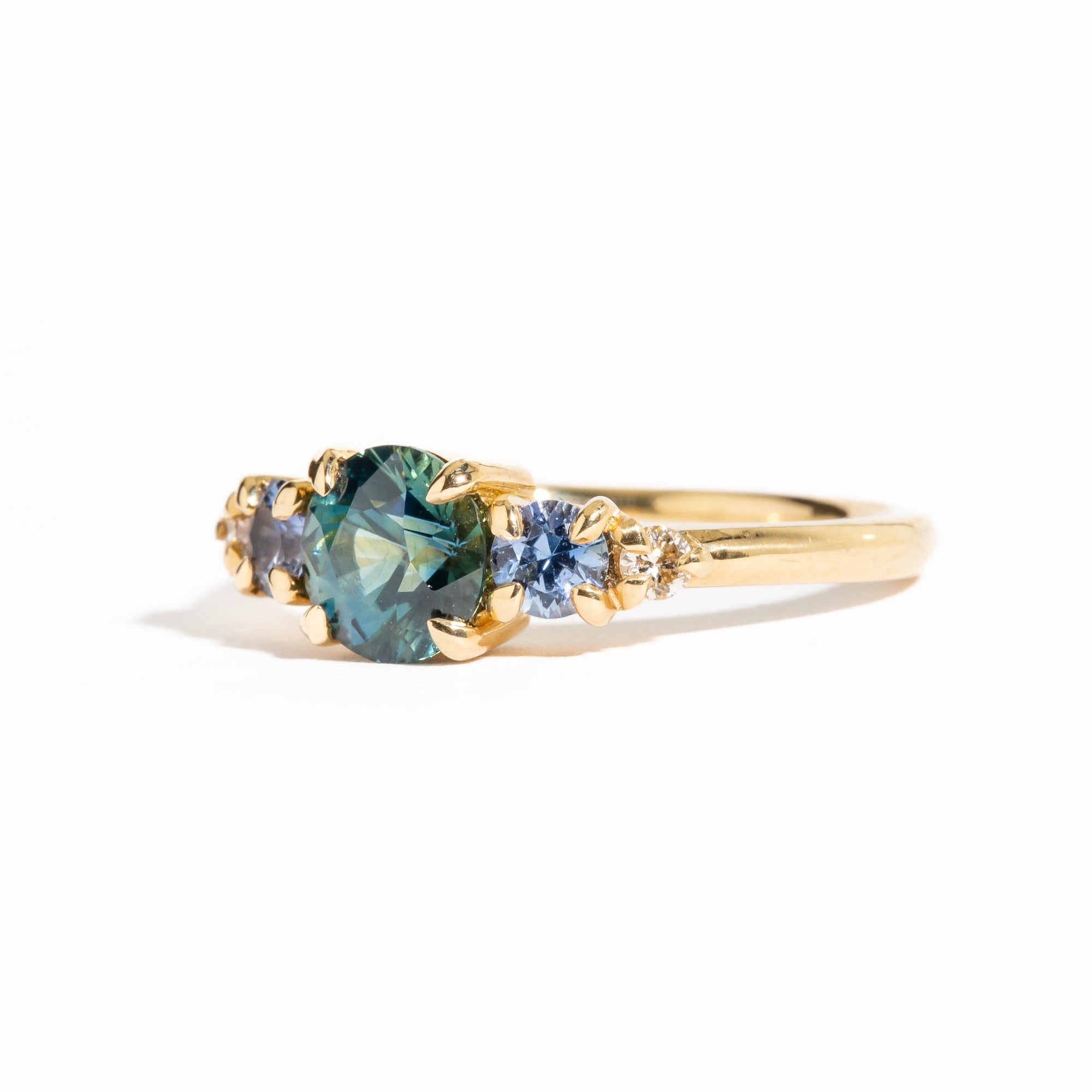 Midnight Sky Sapphire Ring | Five Stone Green and Lilac Sapphire Ring with Champagne Diamonds in 18 Carat Yellow Gold 