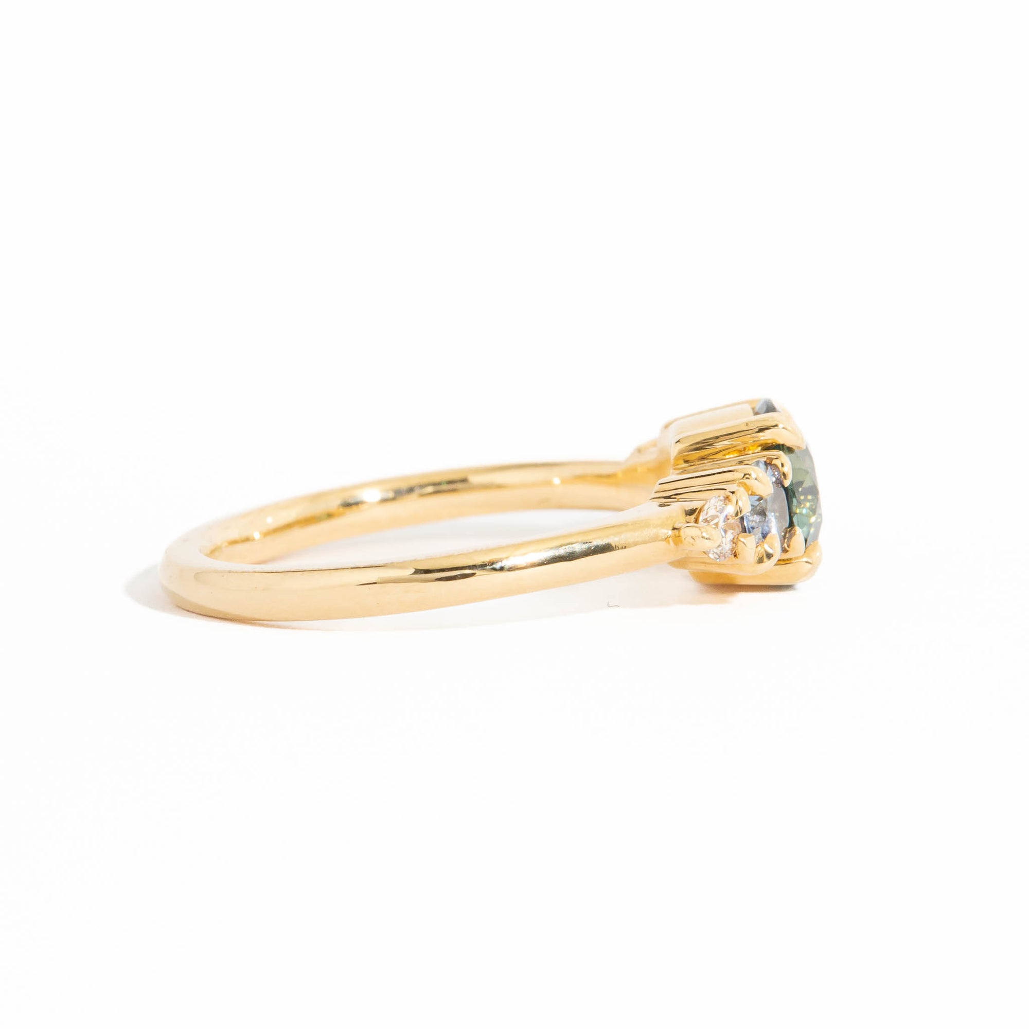 Midnight Sky Sapphire Ring | Five Stone Green and Lilac Sapphire Ring with Champagne Diamonds in 18 Carat Yellow Gold 