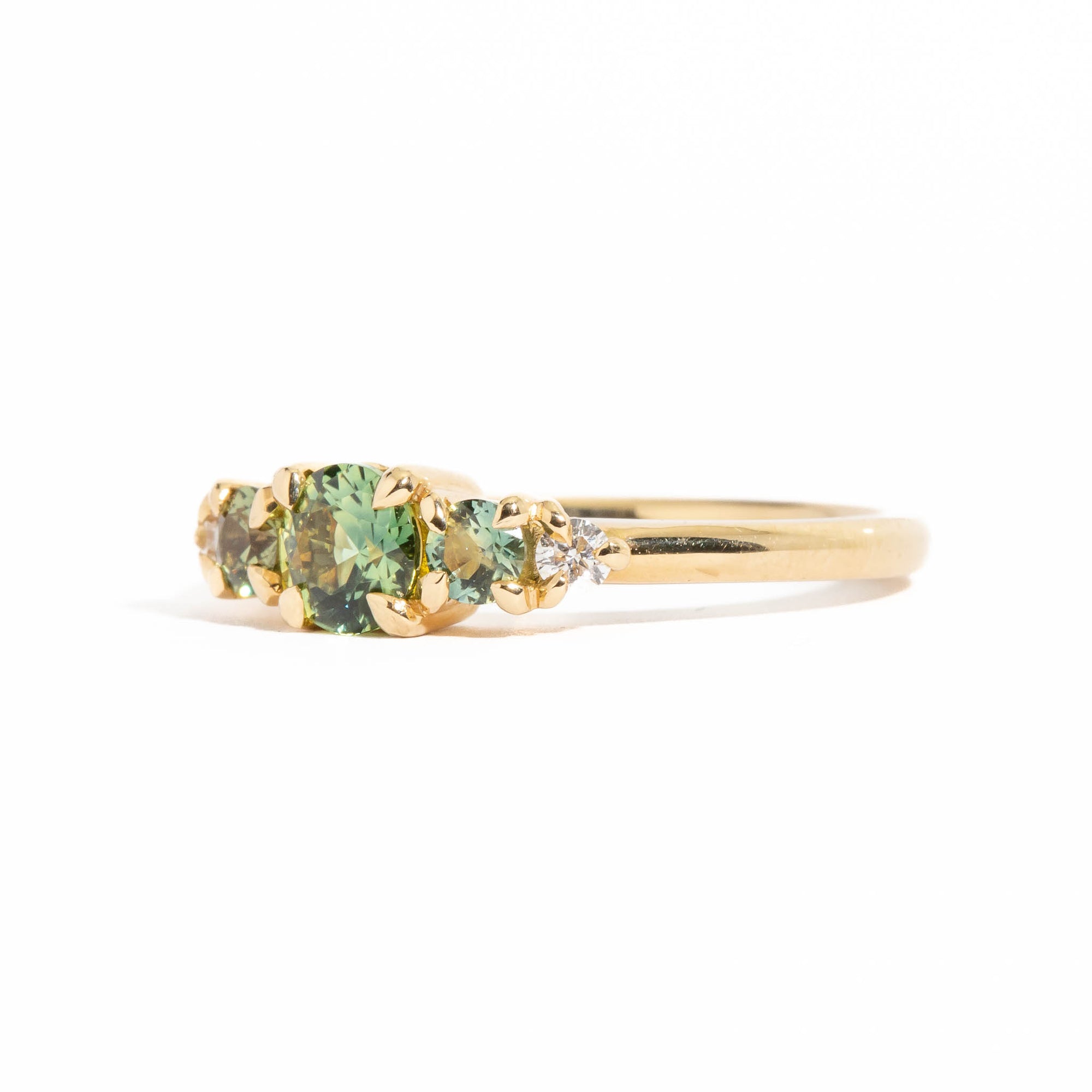 Five Stone Light Green Australian Sapphire Ring with Champagne Diamonds  in 18 Carat Rose Gold